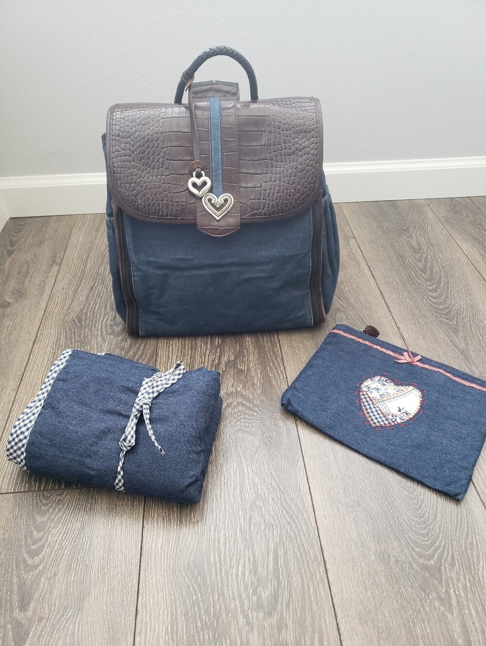 Vintage Brighton Denim And Leather Diaper Bag Backpack With Changing Mat & Pouch